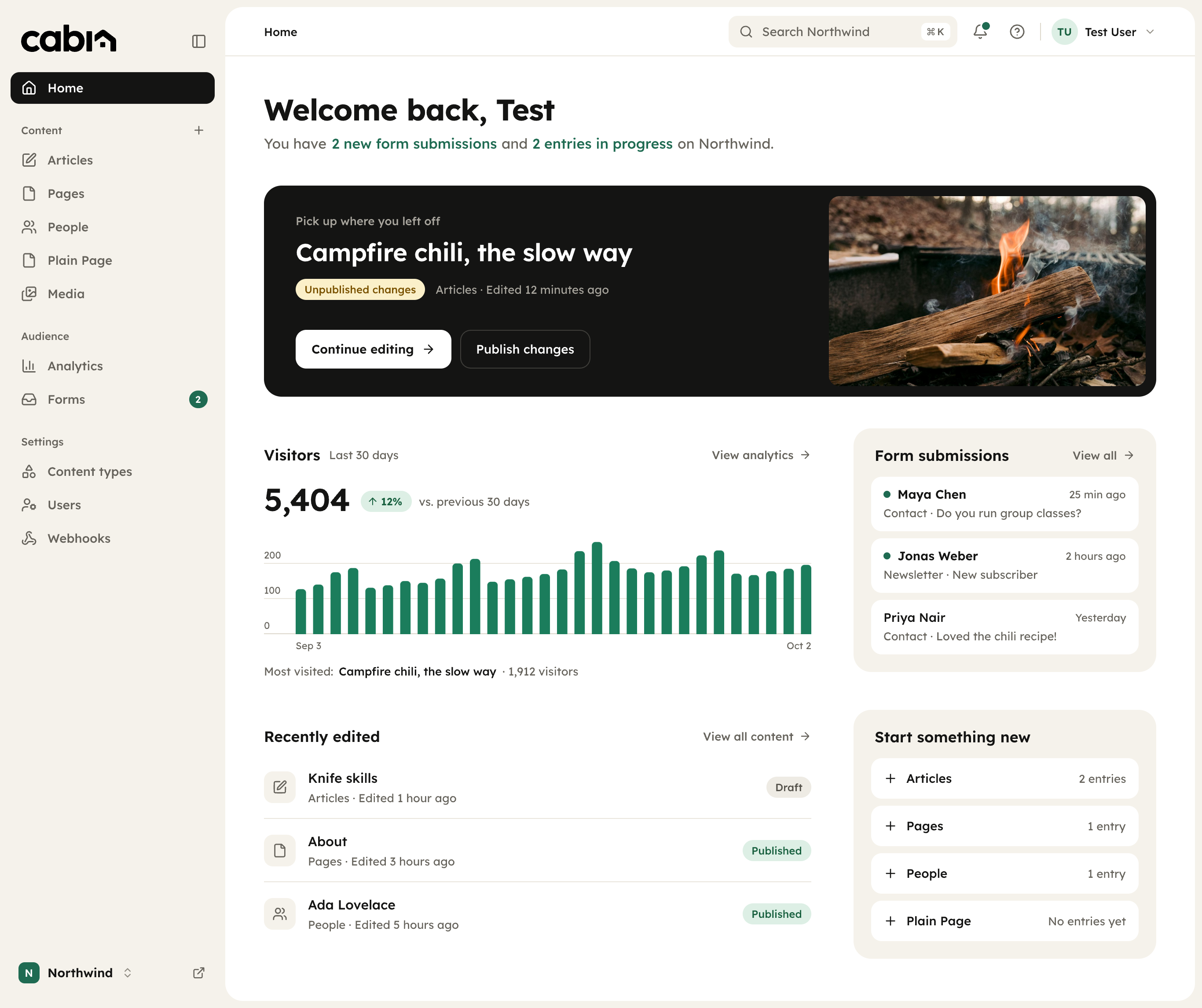 The Cabin dashboard showing recent edits, visitor numbers for the week and new form submissions.